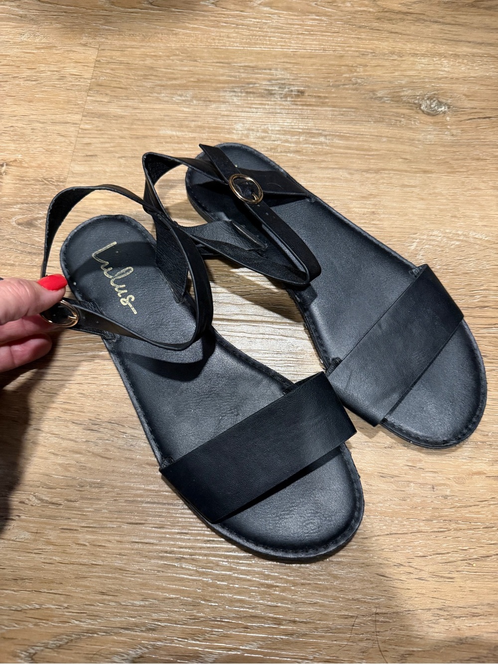Lulu's Black Leather Slingback Flat Sandals